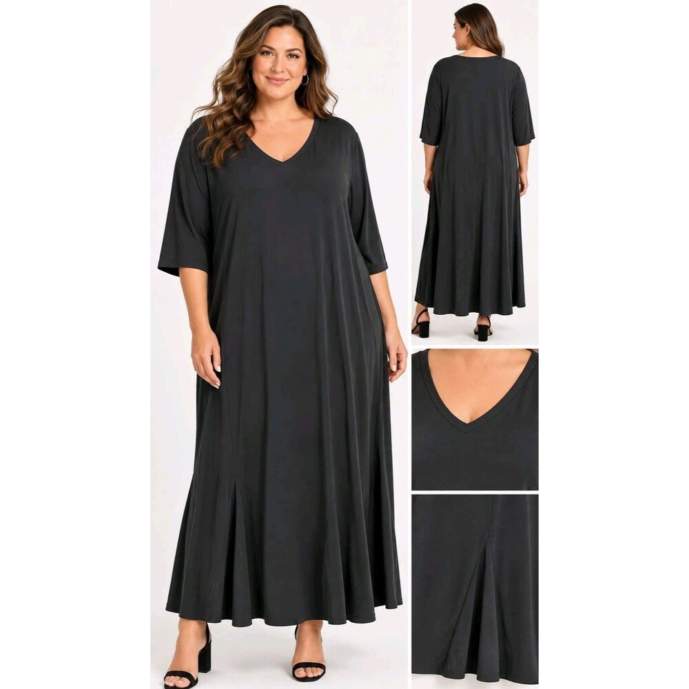 Attitudes by Renee Como Jersey Godet Midi Dress Black Size 5X Petite NEW